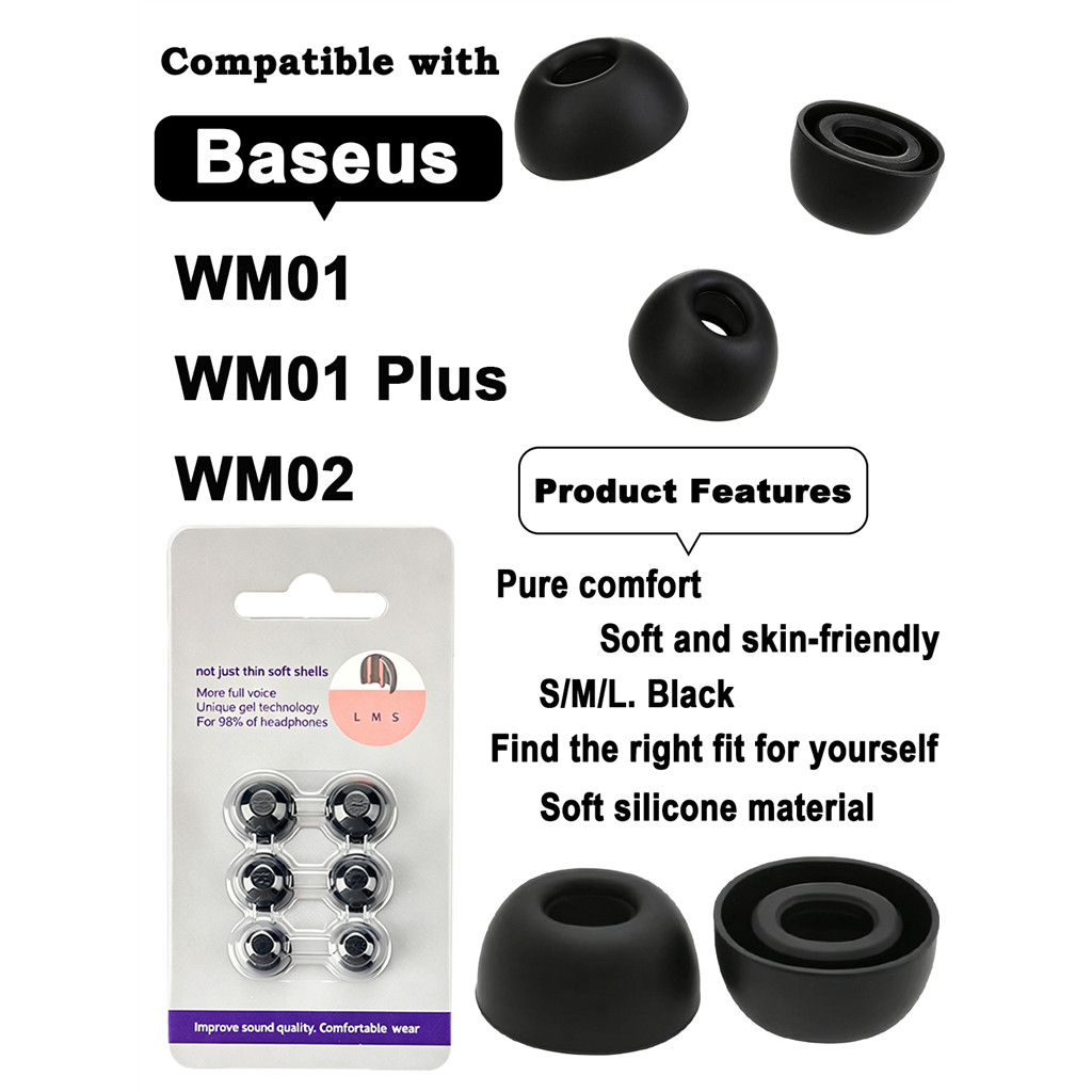 6 Đầu nút tai silicon tương thích Baseus WM01/WM01 Plus/WM02, thay thế mềm, size S/M/L