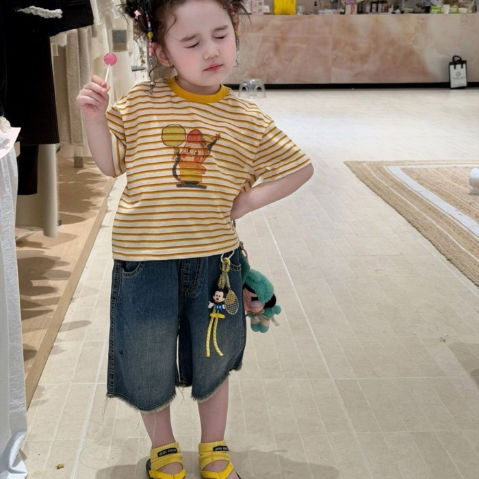 Girls Short Sleeve T-shirt Children's Summer Clothes New Korean Striped Clothes Baby Fashiona