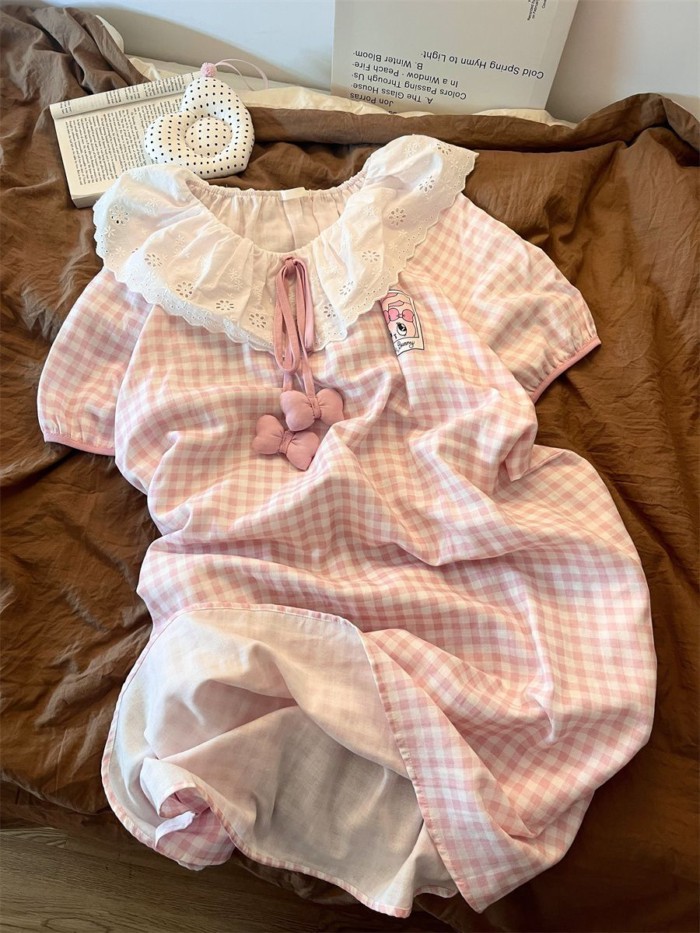 Korean Version Of Cute Pink Plaid Nightgown For Women Summer New Sweet Girl Home Wear Can Be Wor