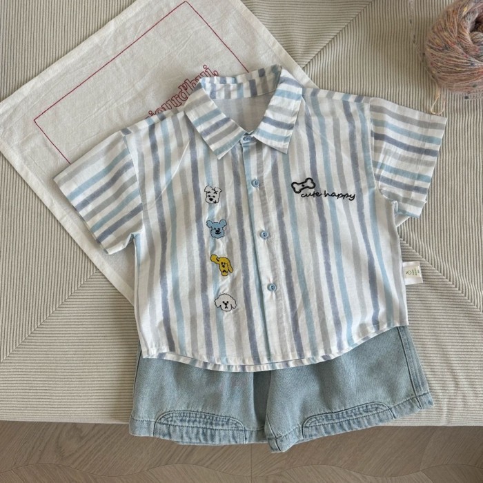 Boys Vertical Striped Short-sleeved Shirt Summer New Handsome Cartoon Shirt Baby Boy Versatil