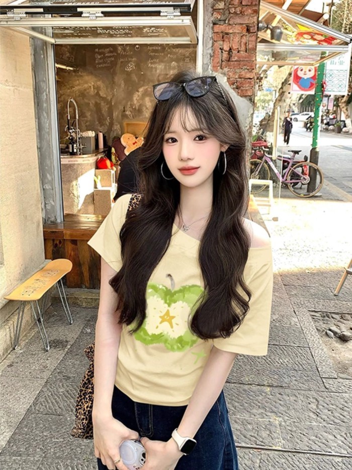 Summer New Apple Print Off-Shoulder Short-Sleeved T-Shirt Women's Off-Shoulder Casual Loose S