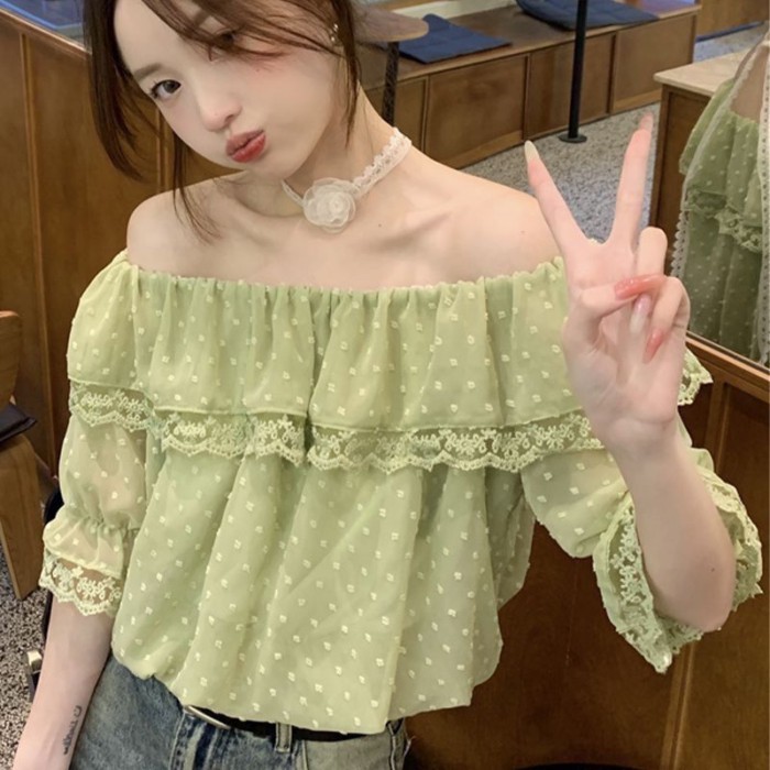 One-shoulder Short-sleeved Women's New Super Fairy Shirt Women's Clavicle Small Shirt Flesh-c
