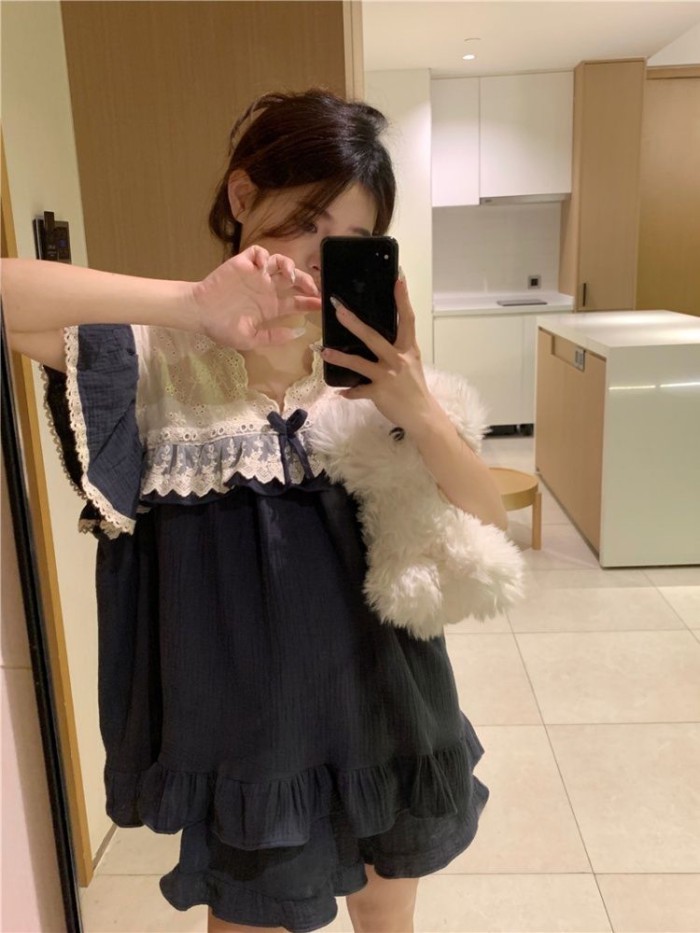 Korean Style Ins Style Pullover Pajamas For Women Summer Korean Style Ruffled Short-sleeved S