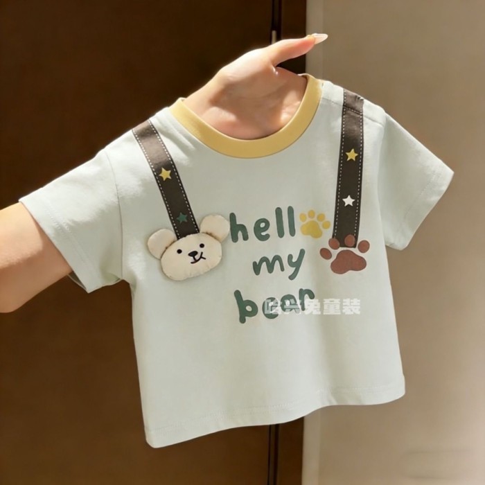 Boys' Cute Strap Bear Short-Sleeved Summer New Three-dimensional Cartoon T-shirt Baby Boy's C