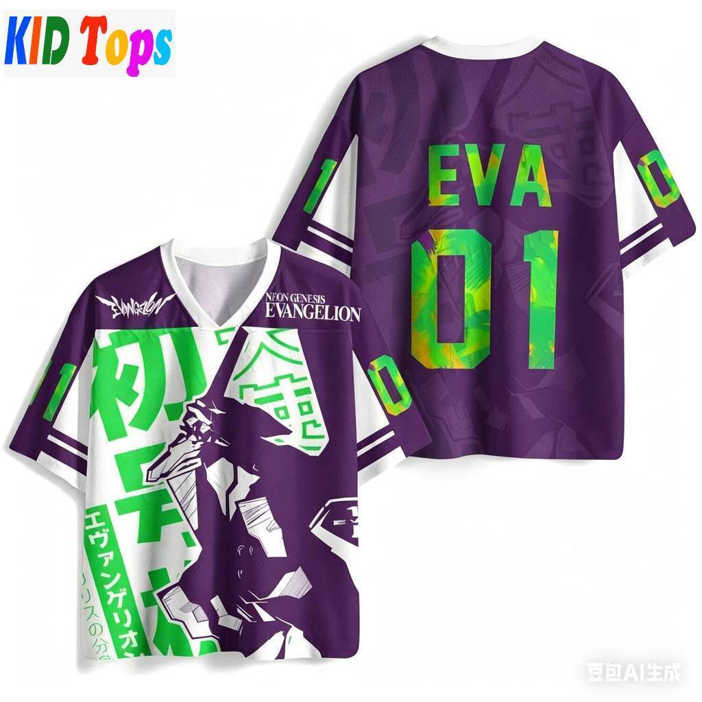 Kid 's Evangelion Unit-01 Mechana Design Cổ Chữ V Tay Ngắn Trẻ Em Evangelion Anime Mechana Fan Casua
