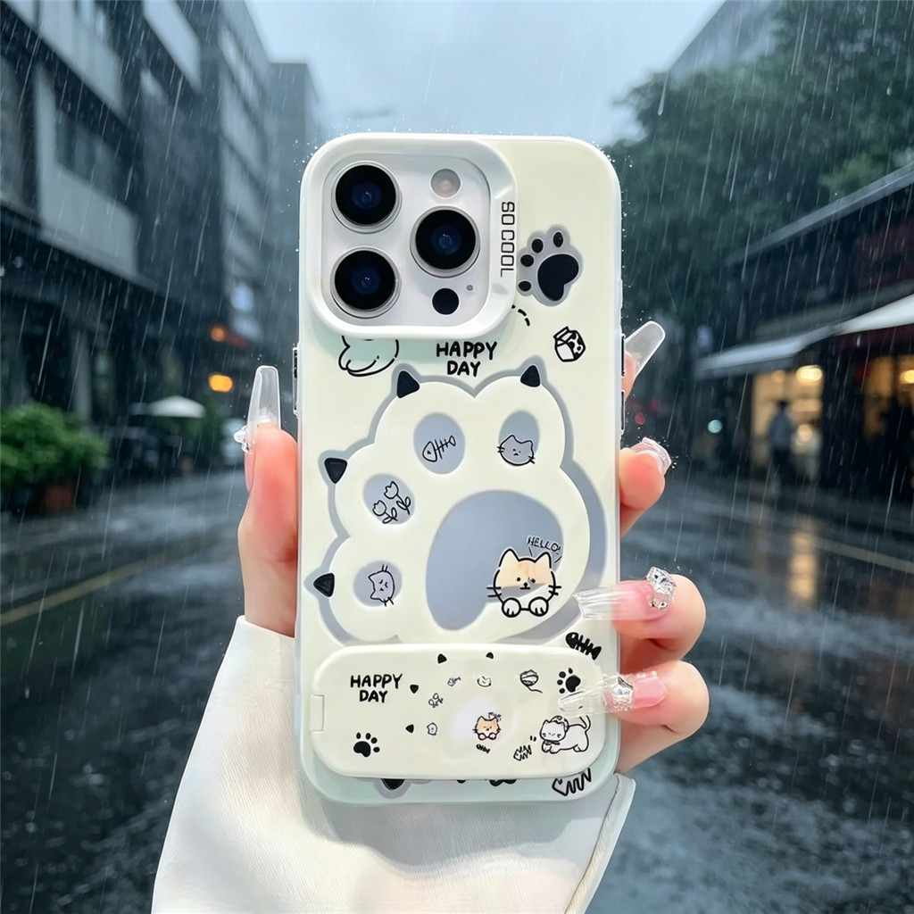Ốp Điện Thoại Mèo Paw Có Gương Đứng Cho Samsung A56 A36 5G A57 A23 A17 A06 A02 A15 A16 Vỏ Mềm Chống 