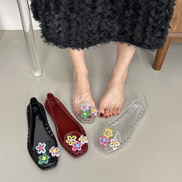 New Korean Style Jelly Shoes Women's Shallow Mouth Shoes Dopamine Crystal Shoes Square Toe Sanda