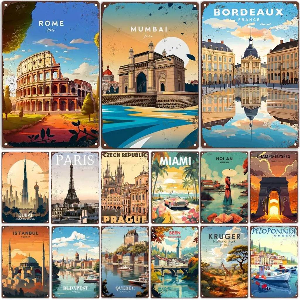 Dấu hiệu kim loại cổ điển Du lịch vòng quanh thế giới, ROME, PHÁP, Poster nghệ thuật cổ điển MUMBAI,
