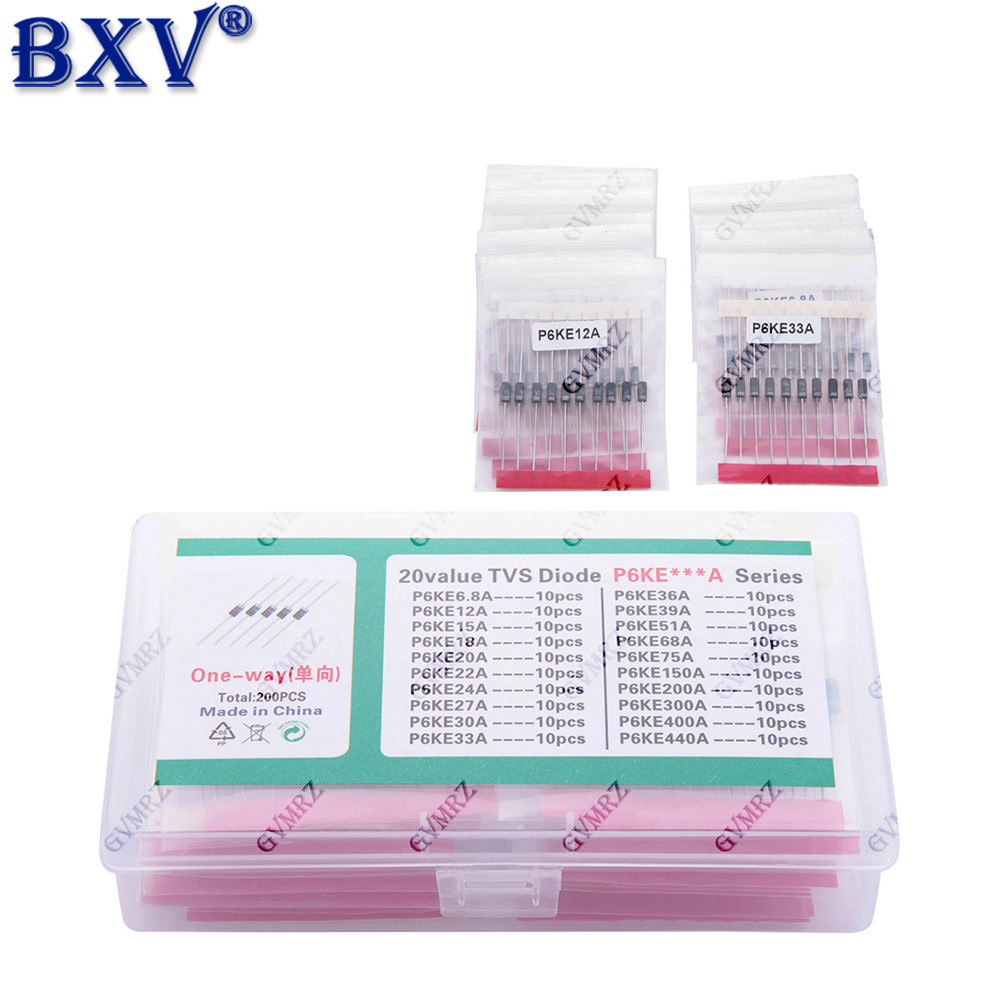 200 CHIẾC P6KE TVS Diode Kit - 20 Giá trị Bộ ức chế điện áp thoáng qua 600W (6,8V đến 75V, một chiều