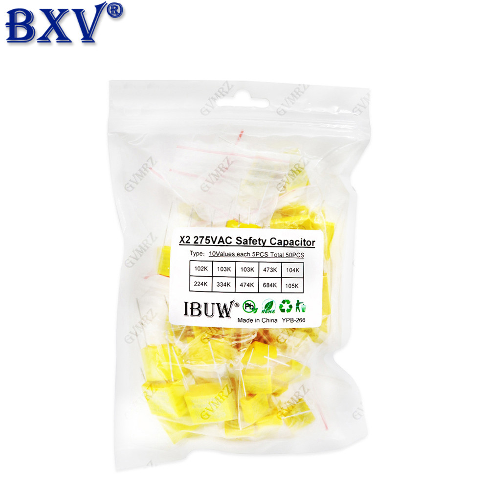 Bộ phân loại tụ điện an toàn 50 chiếc X2 - 10 giá trị (1nF đến 1μF) Tụ điện ức chế nhiễu màng Polypr