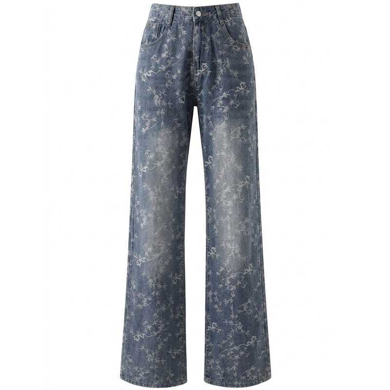 Quần jeans ống loe thêu họa tiết lá gai, phong cách retro Mỹ, ứng phai màu, kiểu dáng đường phố, thư