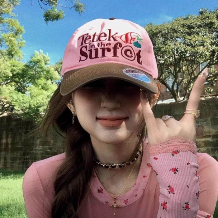 Korean Ins Niche Blogger's Same Style Pink Stitching Letter Embroidery Baseball Cap For Women