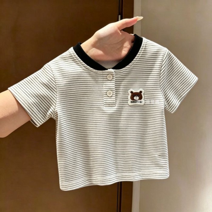 Striped Short-sleeved T-shirt Cute Embroidered Polo Shirt Summer Children Korean Style Boys A