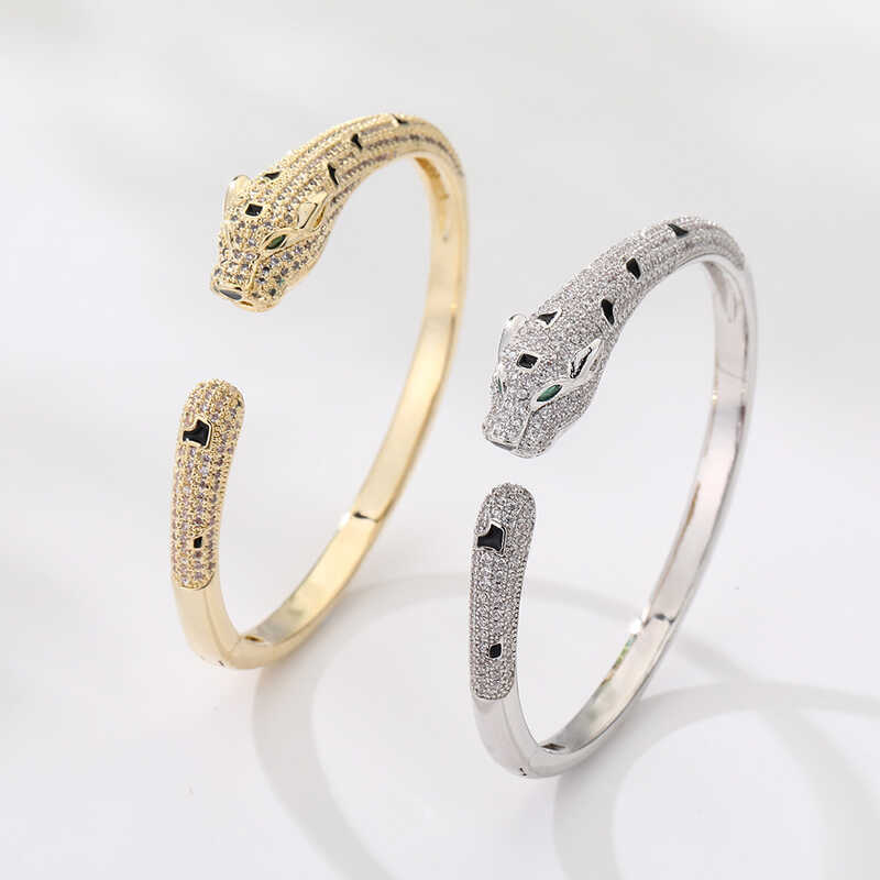Họa Tiết Động Vật Da Báo Mở Vòng Tay Full Kim Cương Zircon K Nhà Vòng Tay Vòng Tay 14K Da Báo Đầu Vò