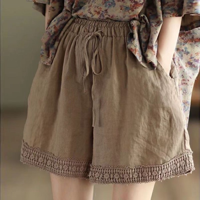 Retro Summer Hollow Crochet Literary Lace Casual Casual Pants Loose Cotton And Linen Shorts