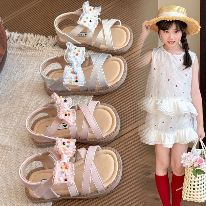 Summer Girls' Bow Sandals Soft Sole Princess Shoes Korean Style Children's Beach Shoes Velcro