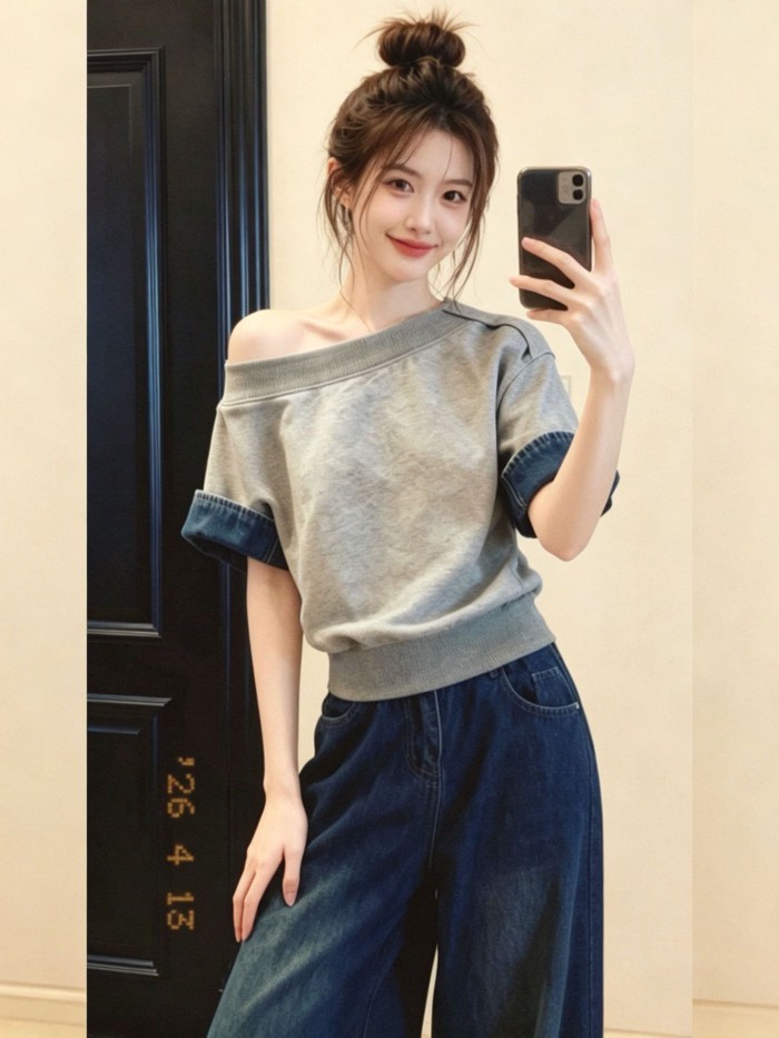 Korean Gray Off-shoulder Off-shoulder Waist-cinching Short-sleeved T-shirt For Women New Summ