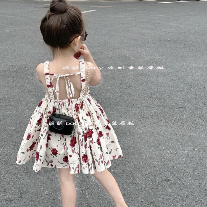 Children's Clothing Summer New Style Girls Retro Rose Backless Dress Children's Korean Style