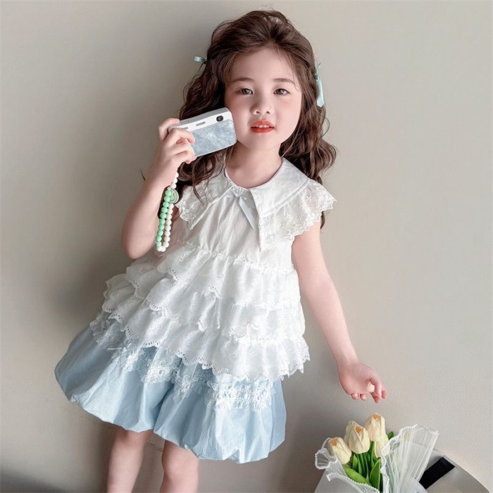 Girls Summer Korean Style Lace Doll Shirt New Baby Girl Lace Top Girl Korean Style Short Slee