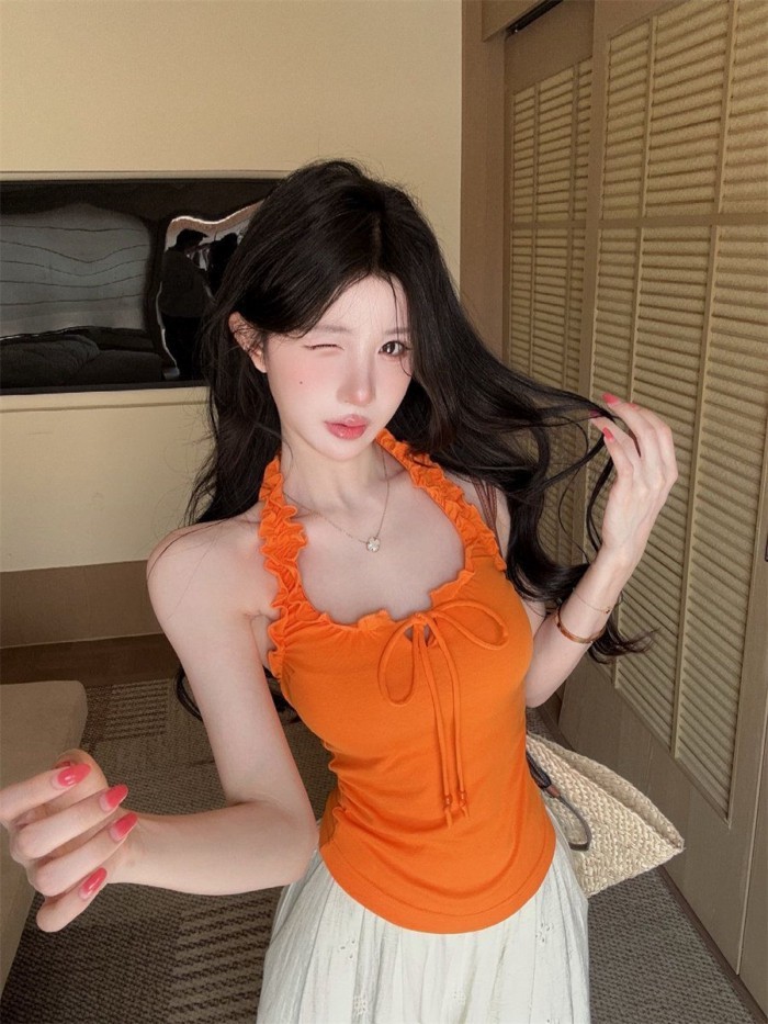 Pure Desire Hot Girl Wear Unique Orange Halter Neck Fungus Strap Slim Camisole Female Unique