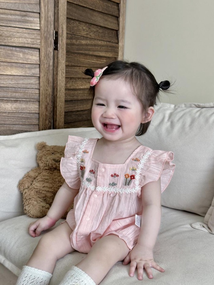 Summer Baby Girl's Clothes With Front Embroidery, Short-sleeved Harem Bag, Crawling Clothes,