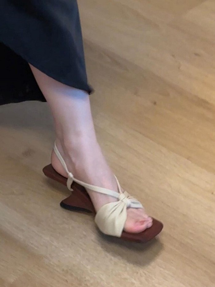 Sheepskin Version~French Fairy Style Square Toe Bow Wedge Sandals For Women, Fashionable Retr