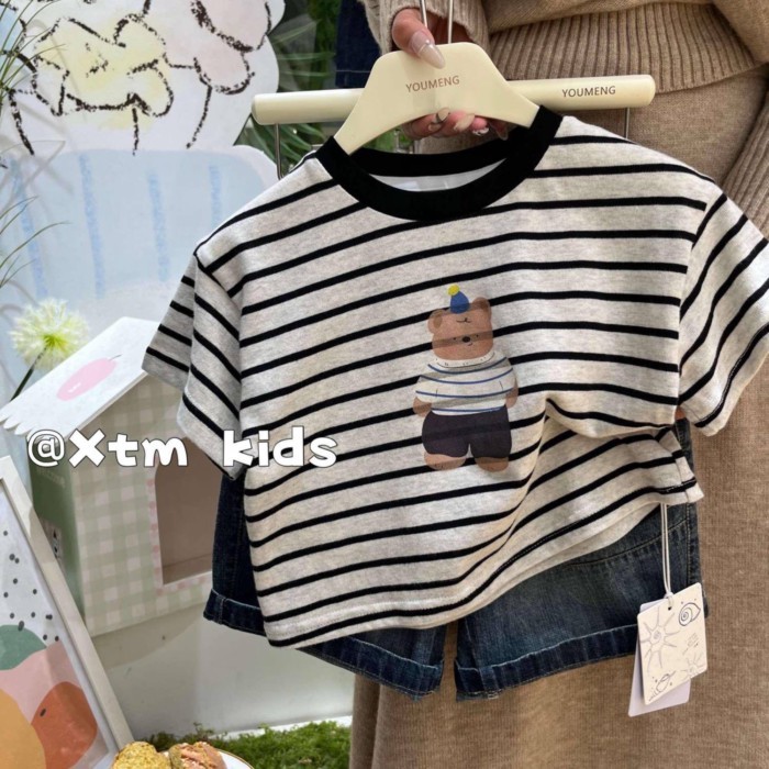 Children's Striped Shirt Loose Bear Print T-shirt Half-sleeved Korean Style Boys' Summer Casu