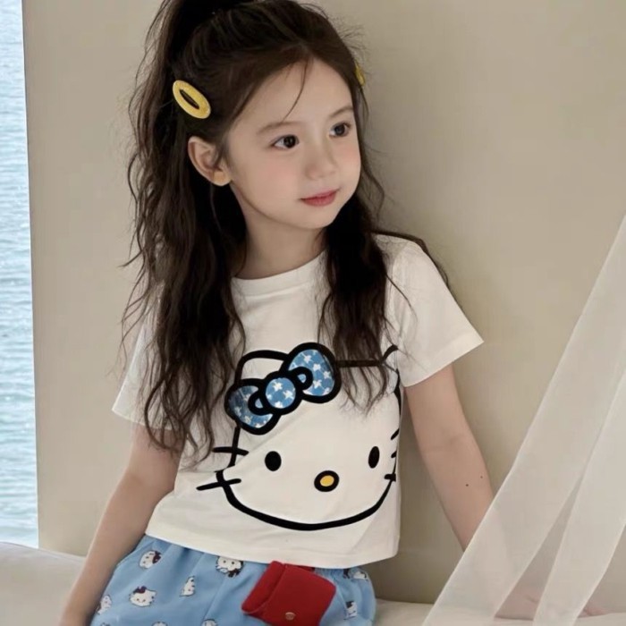 Girls Pure Cotton Short-sleeved T-shirt, Stylish KT Cat Cartoon Children's Clothing Top, Baby