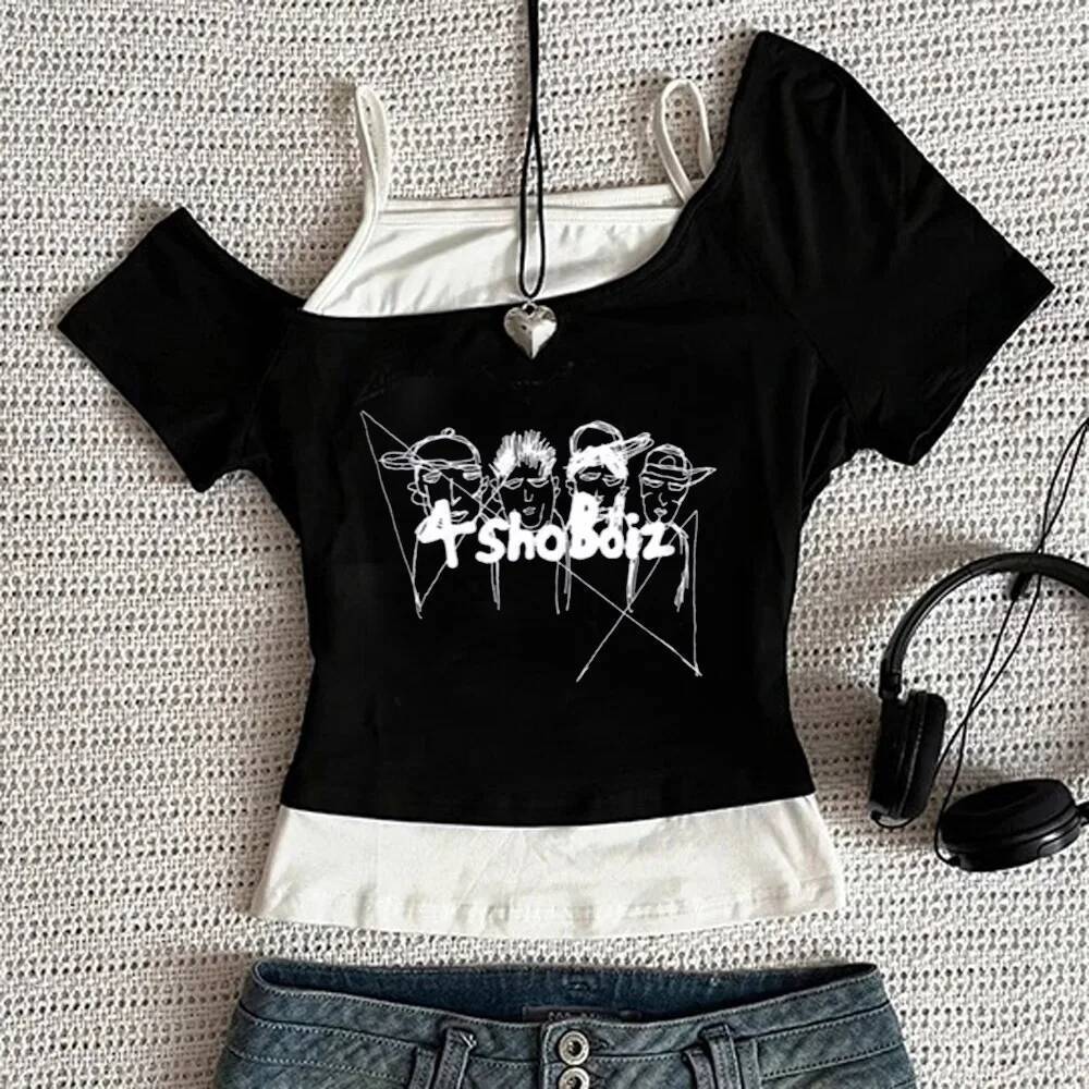 Lngshot crop top tuổi teen Goth dễ thương jojifuku áo thun meme Goth 2000s thay thế
