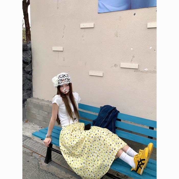Korean Style Summer New Korean Style High Waisted Slim Floral A-Line Skirt Simple Commuting S