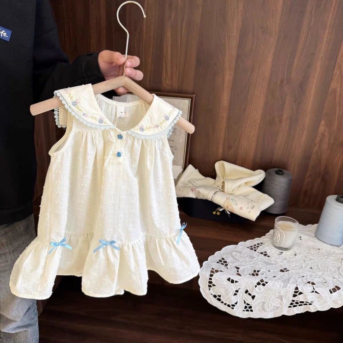 Girls Dress Summer New Korean Style Versatile Princess Dress Navy Neck Fishtail Dress