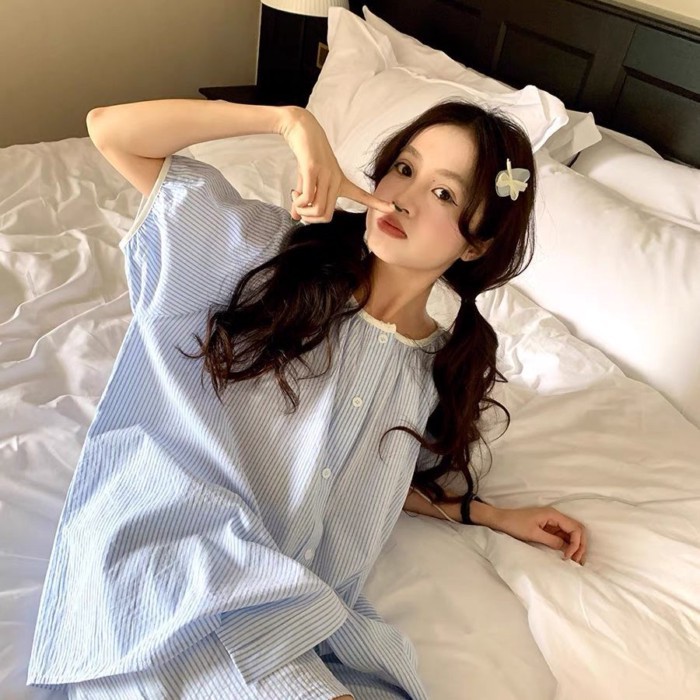 Yunduo Cotton Pajamas For Women Blue Striped Pajamas Ins Style Cartoon Sweet Girl Student Sum
