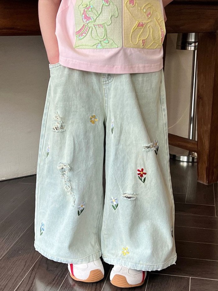 Children's Embroidered Ripped Denim Wide-leg Pants Summer Korean Style Thin Outer Wear Soft J