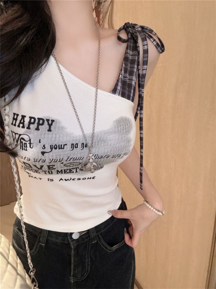 American Chic Letter Printed Sleeveless Korean Style Oblique Shoulder Splicing Plaid Hot Girl