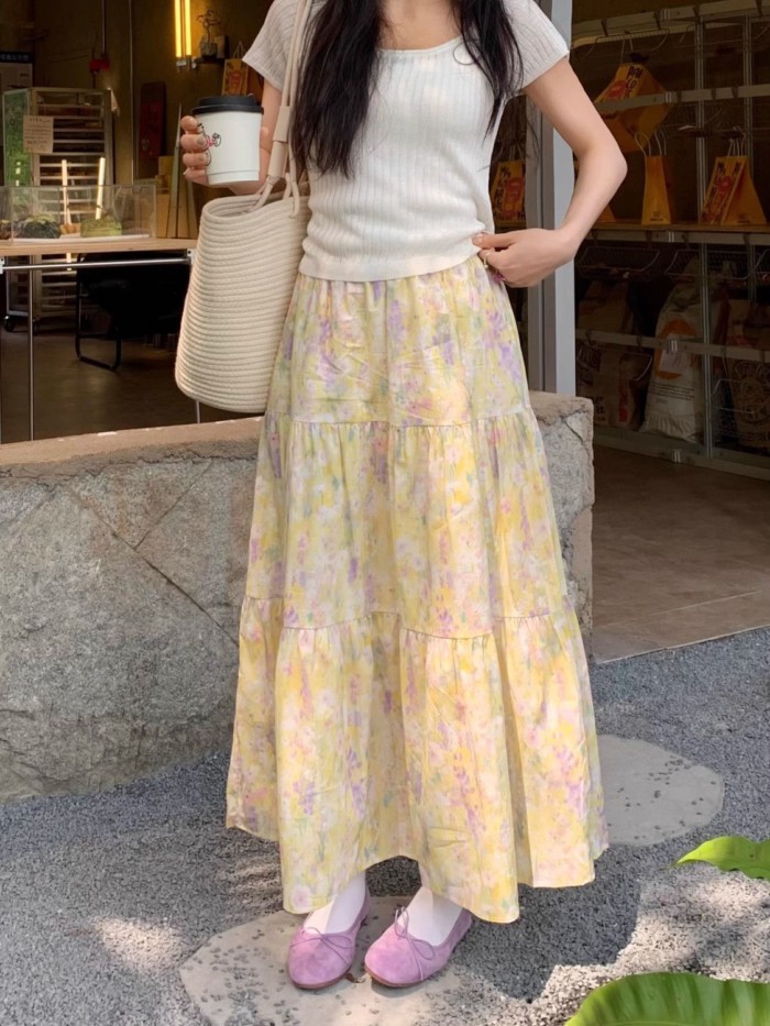 Summer Style Smudged New Korean Style High-waisted Slimming Fashion Versatile Floral A-line S