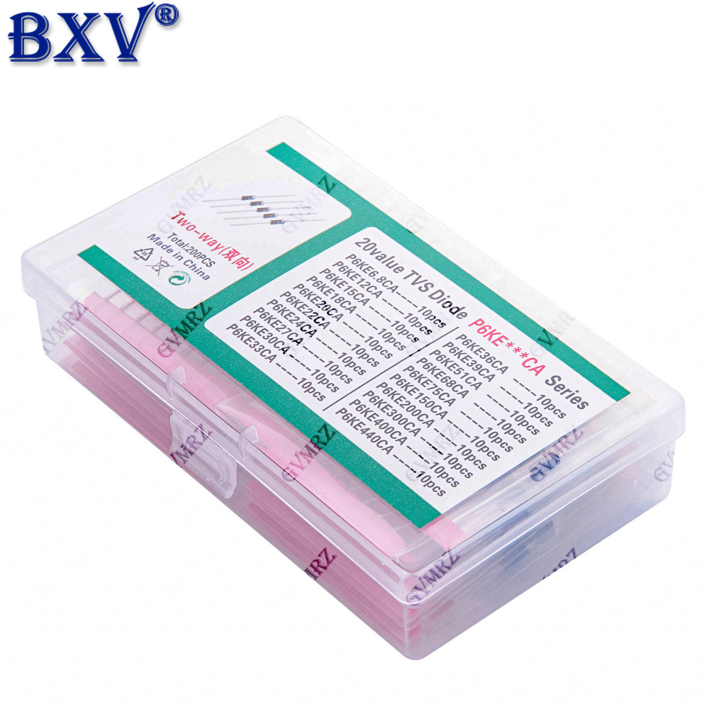 200 CHIẾC P6KE TVS Diode Kit - 20 Giá trị Bộ ức chế điện áp thoáng qua 600W (6,8V đến 75V, Hai chiều