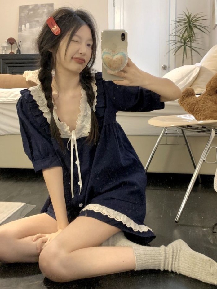 Korean Style Ins Style Summer Casual Sweet Lace Short-sleeved Shorts Can Be Worn Outside The