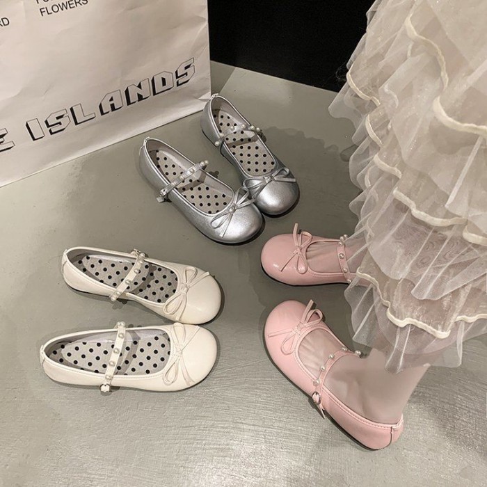 Beige Shallow Flat Bottom Bow Bean Shoes Flat Versatile French Mary Jane Women's Shoes