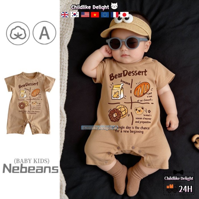 NEW#Body tay ngắn/Thương hiệu hợp thời trang Hàn Quốc Washed Brown Bread Pattern Nam và nữ Baby Jum