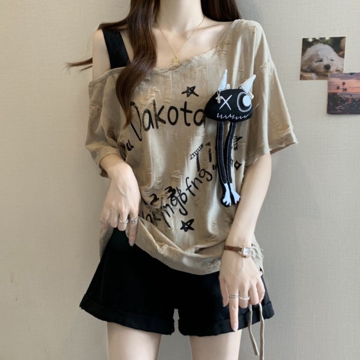Wasteland Style [Three-dimensional Weird Head] American Style Ripped Drawstring Pleated Sh
