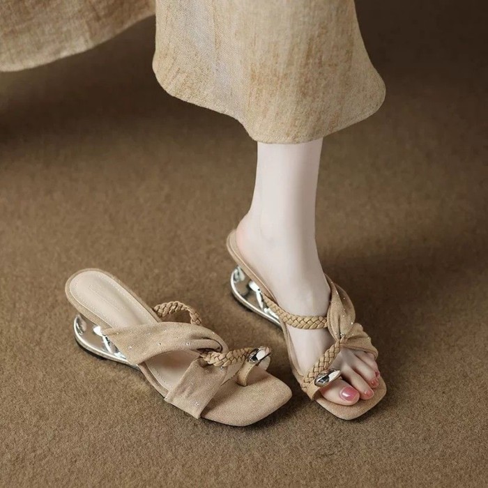 High-heeled Woven Slippers For Women For Summer Outerwear, Beautiful Wedge-heeled Thong Toe S