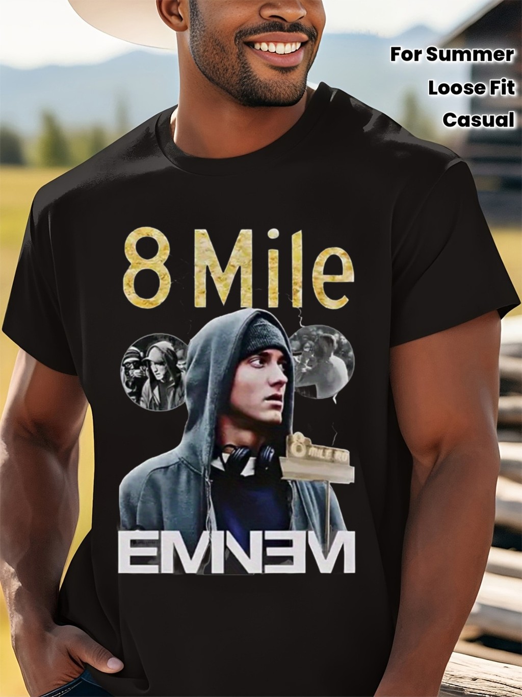 Áo thun họa tiết 100% Cotton hạng nặng dành cho nam - Thiết kế "I 'm 8 Mile Away", dáng rộng vừa vặn