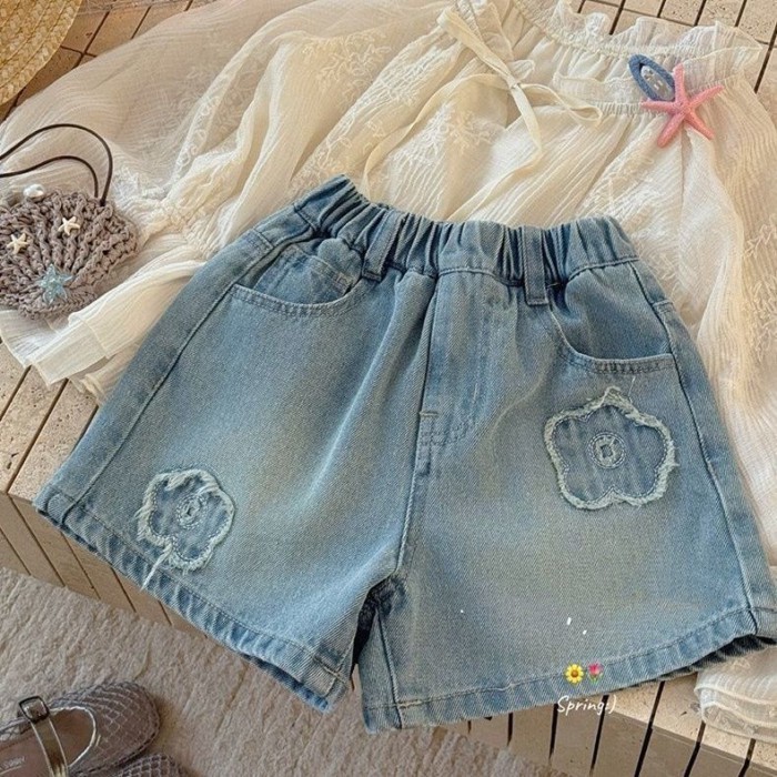 Girls Summer Thin Denim Shorts Korean New Fashion Baby Girl Fashion Versatile Raw Edge Flower