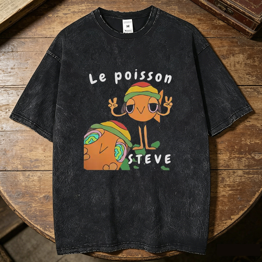 Le Poisson Steve Vintage Giặt cotton Áo nam dạo phố kawaii harajuku Grunge áo thun Grunge Graphic 80