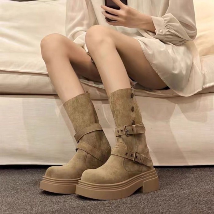 Maillard Short Boots, Khaki Thick-soled Martin Boots, Taller, Fashionable And Slim, New Mid-calf