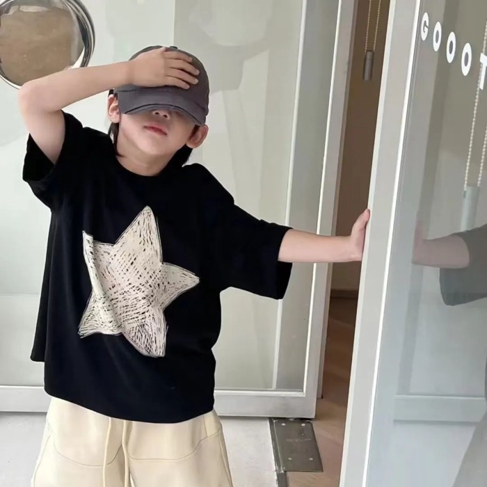 Boys Black Cotton T-shirt Summer Clothes Handsome Boy Short Sleeve T-shirt Children's Loose P