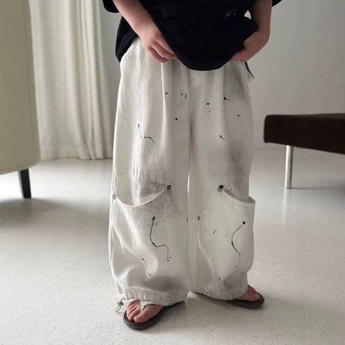 Boys Summer Loose Spray-painted Dirty Style Design Overalls Trousers Casual Boys And Girls Lo