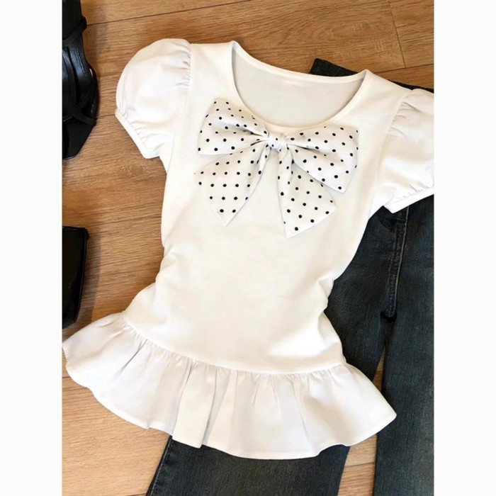 Medium And Large Children's Puff Sleeves Bow Polka Dot Short-sleeved T-shirt Women's White Ru
