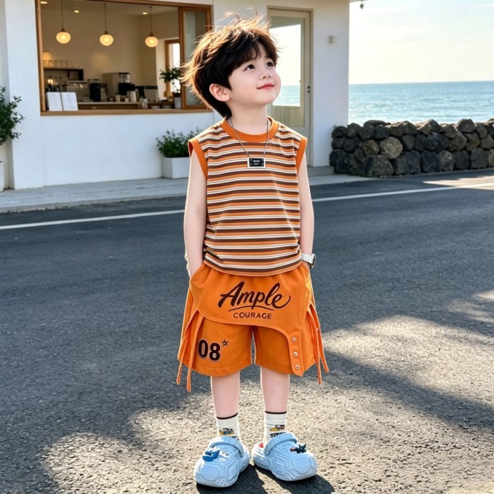 Boys' Vest Set New Children's Trendy And Cool Summer Thin Overalls Medium Pants Boys' Summer