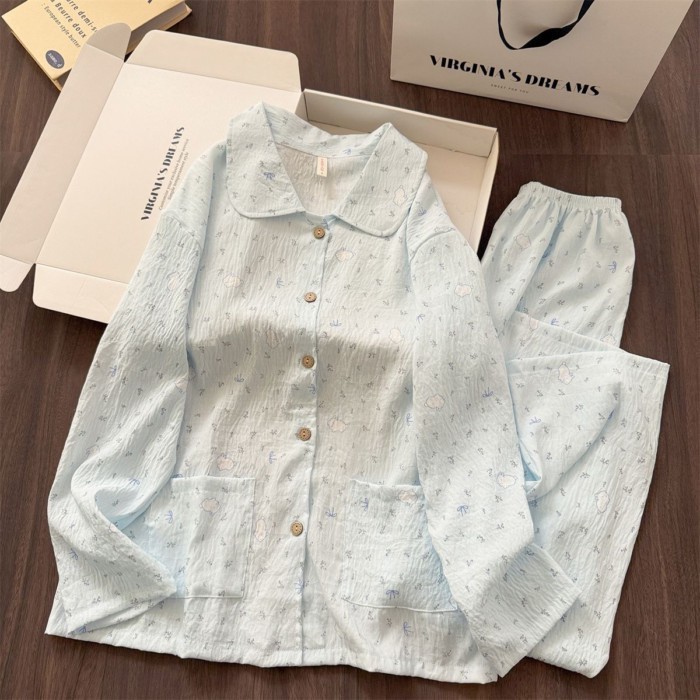 Spring New Sweet Girl Pajamas Cute Blue Floral Bunny Print Long-sleeved Home Clothes Suit Autumn